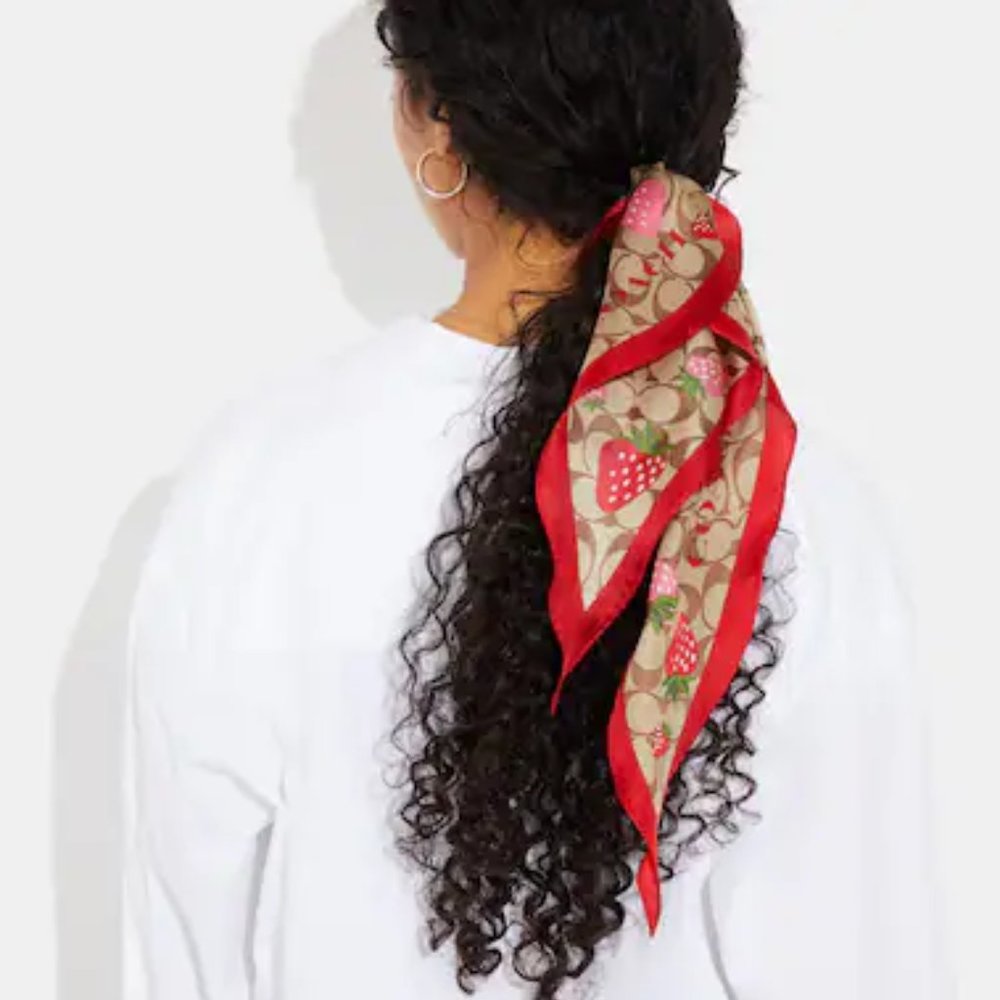 Coach Strawberry Print Silk Scarf in Red, Pink, Tan - Picture 3 of 8